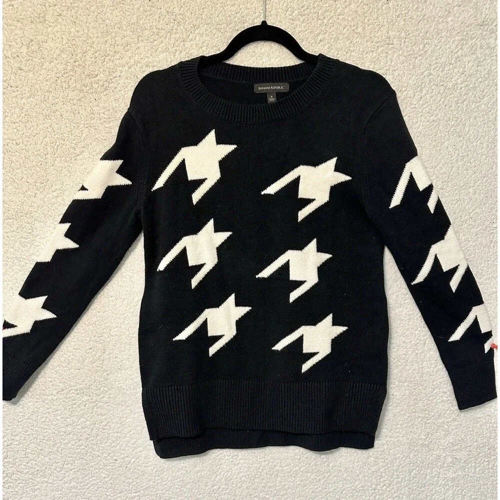 Banana Republic Black/White Herringbone Knit‎ Sweater Black Trim  Size S